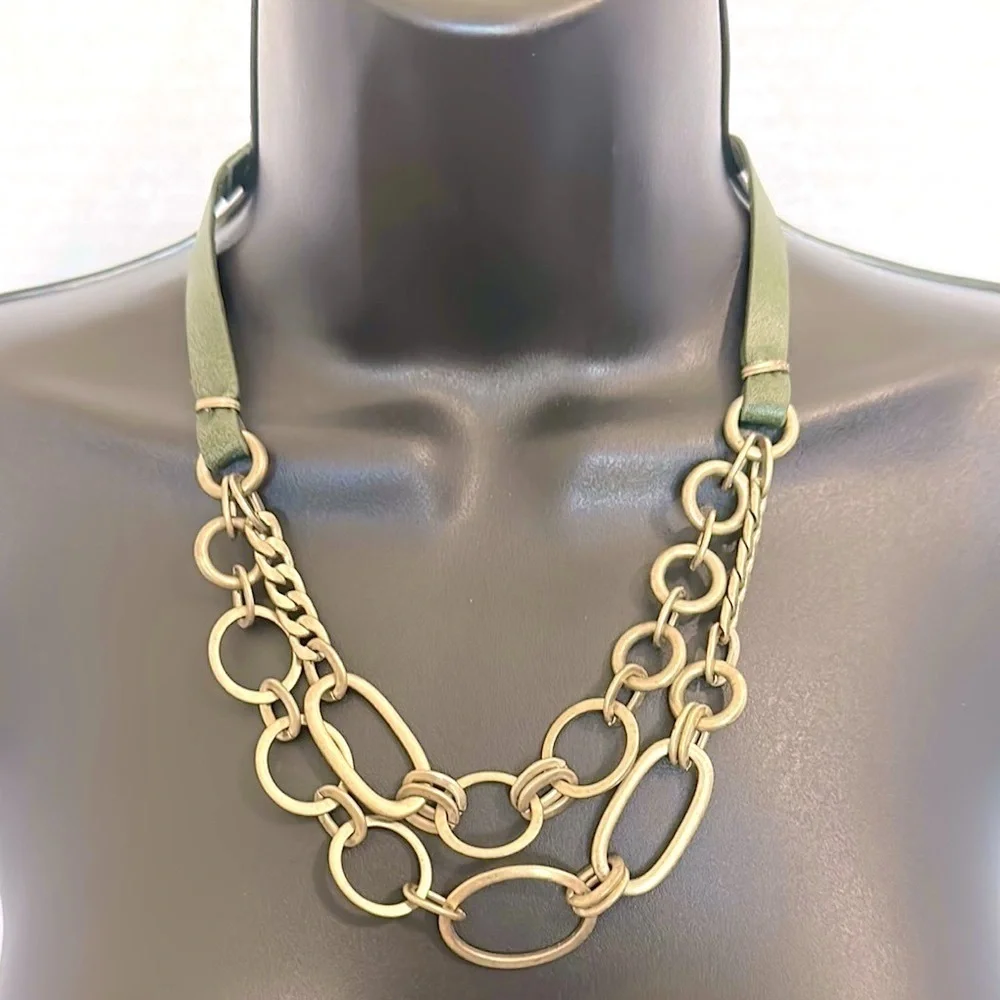 Anthropologie faux leather and Gold Chain Necklace- green and gold
